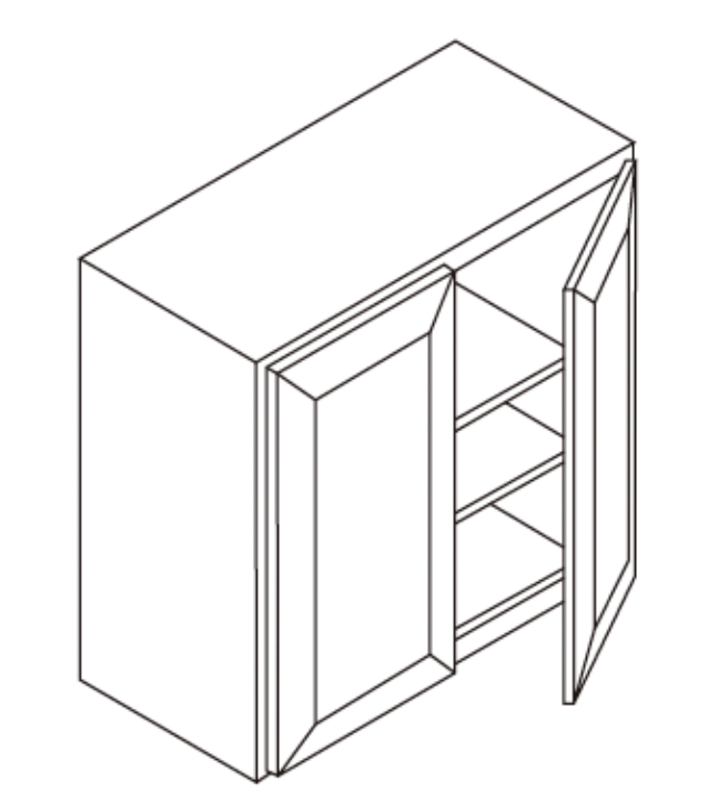 Line drawing of a cabinet with an open door revealing shelves.